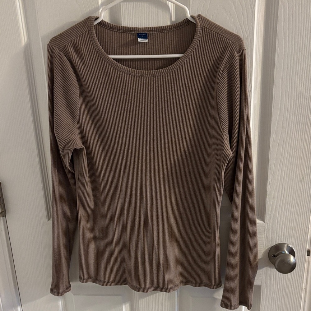 Old Navy Ribbed Long Sleeve Top in Tan